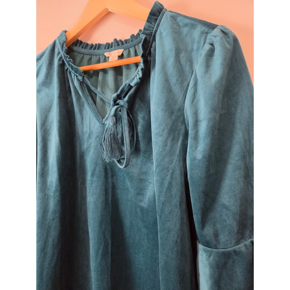 Cato Teal Velvet Ruffle Tiered Bell Sleeve Blouse Tassel Tie V-Neck Top Large - Picture 2 of 7